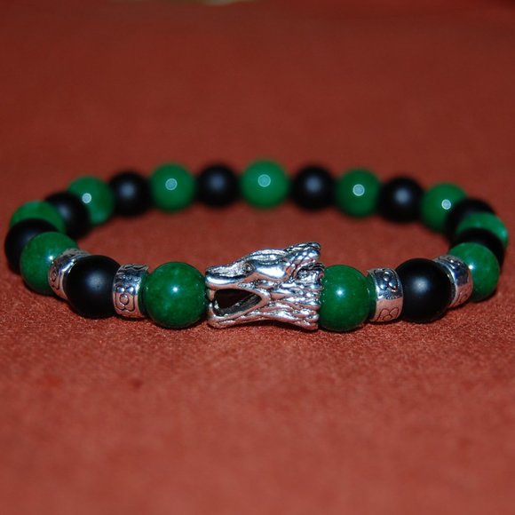 Dragon Bracelet,Jade Bracelet,Jade and Onyx 8mm Beads,Silver Dragon Bracelet - Picture 1 of 3